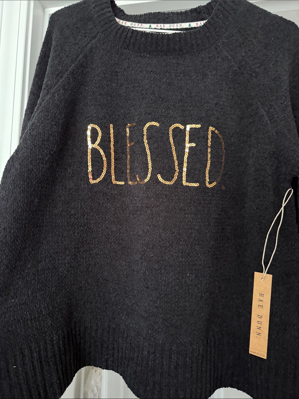 Rae Dunn Black Crewneck Sweater with Gold Sequin 'BLESSED'